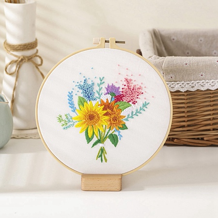 Honeyhandy DIY Bouquet Pattern Embroidery Kit, Including Imitation Bamboo Frame, Iron Pins, Cloth, Colorful Threads, White, 213x201x9.5mm, Inner Diameter: 183mm