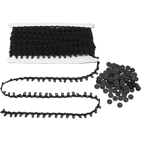 Pandahall Elite 20 Yards Braid Trim with Elastic Button Loops Black Buttonhole Tassel Fringe Lace Trim with Buttons for Skirt Dress Clothes Decoration