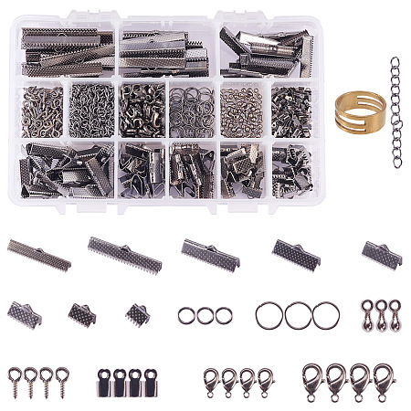 PandaHall Elite About 687 Pcs Iron Jewelry Findings Kits with Ribbon Clamp End, Jump Ring, Cord End, Lobster Claw Clasps, Screw Eye Pins, Extender Chain, Drop Ends for Jewelry Making Gunmetal
