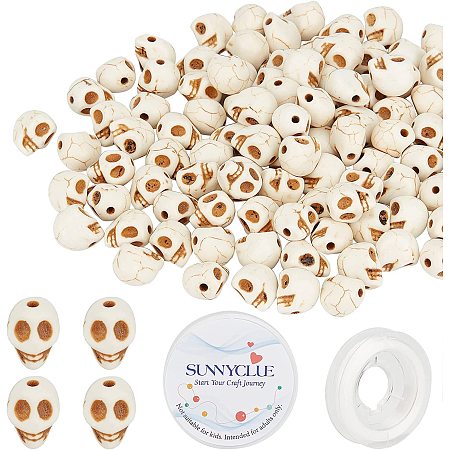 SUNNYCLUE 1 Box 100Pcs Halloween Skull Synthetic Turquoise Beads Turquoise Skull Head Loose Spacer Bead Charm for DIY Jewerly Making Halloween Necklace Bracelet Earrings, Antique White