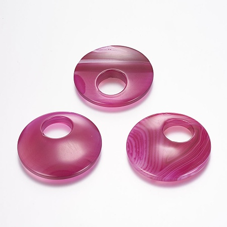 Dyed & Natural Striped Agate/Banded Agate Gemstone Pendants, Flat Round, Magenta, 40x6~8mm, Hole: 14mm