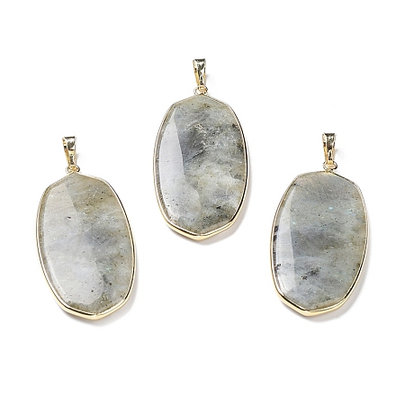 Natural Labradorite Pendants, with Rack Plating Light Gold Tone Brass Findings, Cadmium Free & Lead Free, Oval Charms, 48x22x4.5mm, Hole: 8x5mm