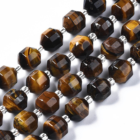 Arricraft Natural Tiger Eye Beads Strands, with Seed Beads, Faceted, Polygon, 8x7.5mm, Hole: 1.2mm, about 37~39pcs/strand, 14.69 inch~15.16 inch(37.3cm~38.5cm)