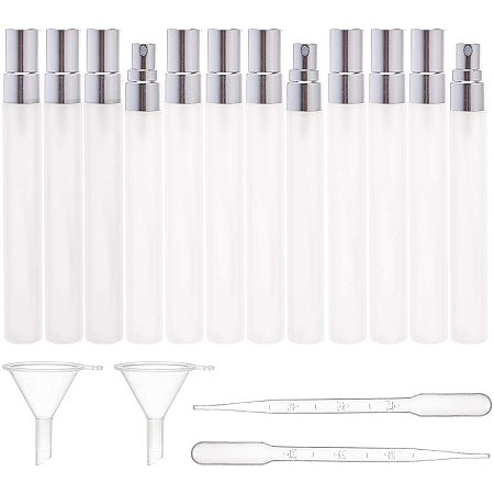 BENECREAT 12PCS 10ml Frosted Mini Glass Spray Bottles Fine Mist Empty Atomiser Bottles with Silver Aluminium Caps, 2PCS Pipettes and 2PCS Hoppers for Perfumes Cosmetic