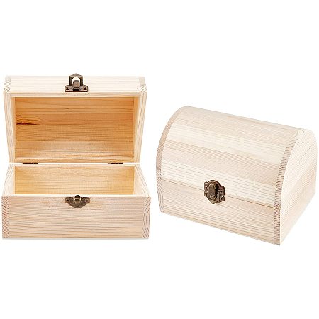 NBEADS 2 Pcs Unpainted Wooden Box, Wooden Treasure Chest box with Arched Hinged Lid and Front Clasp Wood Storage Box for Crafts Jewelry Arts Hobbies and Home Storage, 6.3