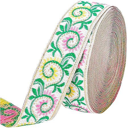 FINGERINSPIRE 7.7 Yard 1 Inch Vintage Jacquard Ribbon Emobridered Woven Green Leaves Ribbon Fabric Trim Fringe for DIY Clothing Accessories Embellishment Decorations Green Yellow