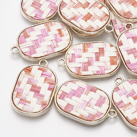 Alloy Pendants, with Linen, Oval, Golden, Pink, 28x18x2.5mm, Hole: 2mm