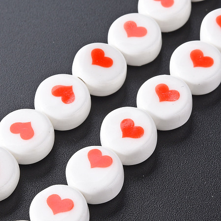 ARRICRAFT Handmade Porcelain Ceramic Beads Strands, Famille Rose Style, Flat Round with Heart, White, 10.5x5.5mm, Hole: 1.8mm, about 30pcs/strand, 11.97 inch(30.4cm)