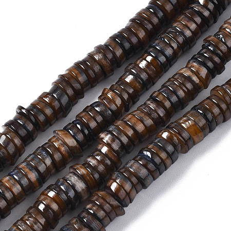 Arricraft Natural Freshwater Shell Beads Strands, Dyed, Flat Round/Disc, Heishi Beads, Camel, 5~6x1~2mm, Hole: 1mm, about 205~215pcs/strand, 15.35 inch(39cm)