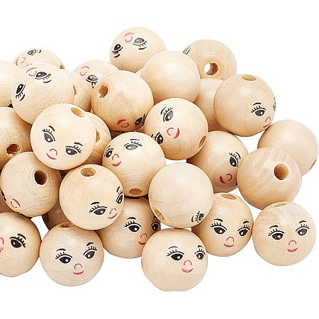 FINGERINSPIRE 50 Pcs Smiling Face Wooden Beads Schima Wood Beads Round Spacer Painted Wooden Beads with Hole Doll Head Beads DIY Jewelry Finding Macrame Pendant Crafts (L:17.5mm, Hole: 4mm)