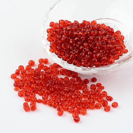 Honeyhandy 6/0 Glass Seed Beads, Transparent, Round, Crimson, 4mm, hole: 1.5mm, about 496pcs/50g