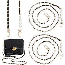 WADORN 2pcs PU Leather Braided Purse Chain Replacement, 45.6 Inch Metal Crossbody Chain Strap Thin PU Leather Shoulder Bag Strap with Pearls Beaded Decoration Chain Handbag Chain Strap, Black