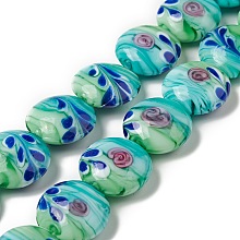 Handmade Lampwork Beads Strand, Flat Round with Flower, Medium Turquoise, 20x10mm, Hole: 1.2mm, about 18pcs/strand, 13.78 inch(35cm)