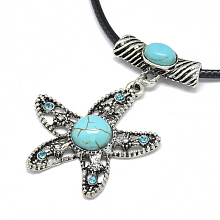 Honeyhandy Alloy Rhinestone Pendant Necklaces, with Turquoise and Waxed Cord, Starfish/Sea Stars, Sky Blue, 17.3 inch~17.3 inch(44~45cm), 2mm