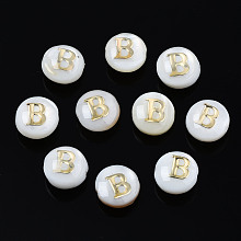 Honeyhandy Natural Freshwater Shell Beads, with Golden Plated Brass Etched Metal Embellishments, Flat Round with Letter, Seashell Color, Letter.B, 6x4mm, Hole: 0.8mm