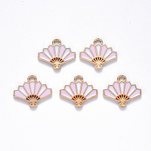 Honeyhandy Chinese Style Alloy Enamel Pendants, Fan, Light Gold, Pink, 15x17x1.5mm, Hole: 1.6mm