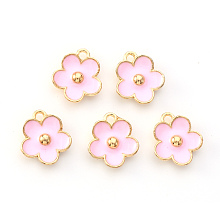 Honeyhandy Light Gold Plated Alloy Enamel Pendants, Flower, Pearl Pink, 13x11.5x3mm, Hole: 1.6mm