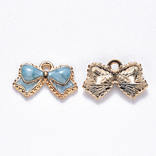 Honeyhandy Alloy Enamel Pendants, Bowknot, Light Gold, Deep Sky Blue, 10x16x2mm, Hole: 1.4mm