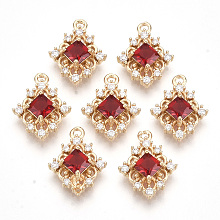 Honeyhandy Golden Tone Brass Pendants, with Faceted Glass and Clear Rhinestone, Rhombus, Red, 14.5x11x4mm, Hole: 1.2mm, Diagonal Length: 14.5mm, Side Length: 10mm