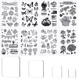 GLOBLELAND 8 Pieces Clear Stamps Transparent Silicone Stamps Set and 4 Pieces Acrylic Stamp Blocks with Grid Lines for Card Making Decor DIY Scrapbooking