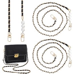 WADORN 2pcs PU Leather Braided Purse Chain Replacement, 45.6 Inch Metal Crossbody Chain Strap Thin PU Leather Shoulder Bag Strap with Pearls Beaded Decoration Chain Handbag Chain Strap, Black