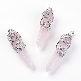 Honeyhandy Natural Rose Quartz Big Pointed Pendants, with Platinum Plated Brass Findings, Bullets, 55~60x16mm, Hole: 5x8.5mm