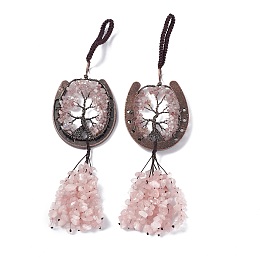 Honeyhandy Natural Rose Quartz Chip Tree of Life Pendants Decoration, Brass Horse Shose Tassel Gems Hanging Ornaments, 220mm, Pendant: 170x59x7mm