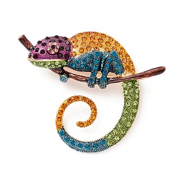 Honeyhandy Alloy Enamel Brooches, with Rhinestone, Chameleon, Light Gold, Sandy Brown, 58x71x13mm, Hole: 6.8x6mm, Pin: 0.7mm