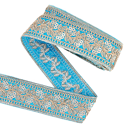 FINGERINSPIRE Bohemian Embroidery Floral Polyester Ribbon, Jacquard Ribbon, with Metallic Wire Twist Ties, Royal Blue, Ribbon: 1-5/8 inch(40mm) wide, ahout 4.8~5 yards; Ties: 120x4mm, 2pcs