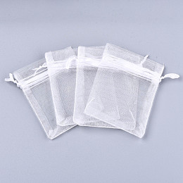 PandaHall Elite 100Pcs Organza Drawstring Bags, Favour Party Mesh Drawstring Gift Storage Pouches, White, 18x13cm