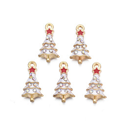 Honeyhandy Rack Plating Alloy Enamel Pendants, with Crystal AB Rhinestone, Cadmium Free & Nickel Free & Lead Free, Light Gold, Christmas Tree with Star, White, 18x9x3mm, Hole: 1mm