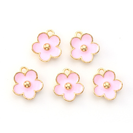 Honeyhandy Light Gold Plated Alloy Enamel Pendants, Flower, Pearl Pink, 13x11.5x3mm, Hole: 1.6mm