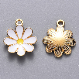 Honeyhandy Alloy Enamel Pendants, Flower, Light Gold, White, 19x16x3.5mm, Hole: 1.8mm