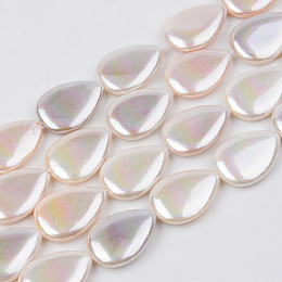 Honeyhandy Electroplate Natural Freshwater Shell Beads Strands, Teardrop, Floral White, 18x13x4mm, Hole: 1mm, about 23pcs/strand, 16.14 inch(41cm)