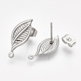 Honeyhandy 304 Stainless Steel Stud Earring Findings, with Loop and Ear Nuts/Earring Backs, Leaf, Stainless Steel Color, 19x8mm, Hole: 1mm, Pin: 0.7mm