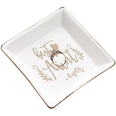 CREATCABIN Jewelry Ring Dish Holder Remember Best Aunt Ever Heart Ceramic Plate Organizer Necklace Bracelet Earrings Storage Trinket Tray for Women Girls Wedding Holiday Christmas Birthday 4.2x4.5inch