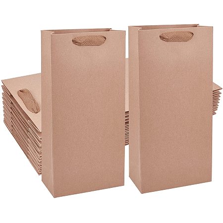 Pandahall Elite Large Wine Bottle Bags for Gifts, 10pcs 13.7x6.6x3.5 Inch Double Bottle Carrying Brown Bags with Ribbon Handles for Housewarming, Anniversary, Wedding, Dinner Partys,Birthday