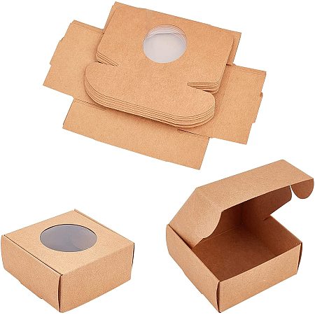 SUPERFINDINGS 32pcs About 6.5x6.5x3cm Kraft Paper Camel Square Box Cardboard Jewelry Box Gift Wrapping Box with Clear PVC Window for Party Favor Treats and Jewelry Packing