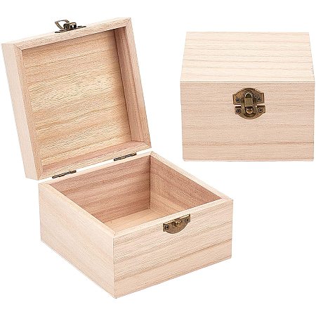 OLYCRAFT 2pcs Wooden Box Unfinished Wooden Square Box Unpainted Pine Storage Candlenut Box Wooden Storage Jewelry Box Organize with Hinged Lid Lock for Crafting Making Jewelry Storage 5