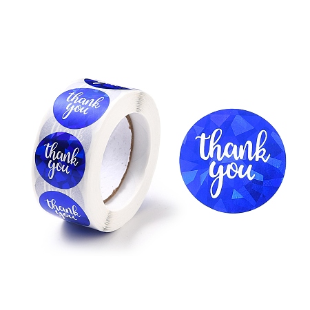 Honeyhandy Thank you Stickers Roll, Self-Adhesive Paper Gift Tag Stickers, for Party, Decorative Presents, Flat Round , Blue, 25x0.1mm, about 500pcs/roll