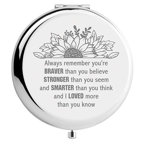 CREATCABIN 1Pc Stainless Steel Customization Mirror, Flat Round with Flower & Word, with 1Pc Rectangle Velvet Pouch, Stainless Steel Color, Mirror: 7x6.5cm