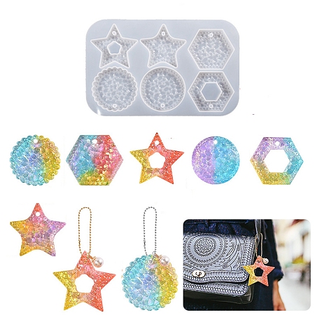 DIY Silicone Flash Diamond Effect Pendant Molds, Resin Casting Molds, for UV Resin, Epoxy Resin Jewelry Making, Star/Hexagon/Flat Round, Mixed Patterns, 236x150x11mm, Hole: 6mm, Inner Diameter: 60.5~67.5x67.5~69mm