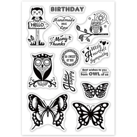 GLOBLELAND Owl Butterfly Animal Clear Stamps Silicone Stamp Cards with Greeting Words Pattern for DIY Scrapbooking Card Making Photo Album Decoration