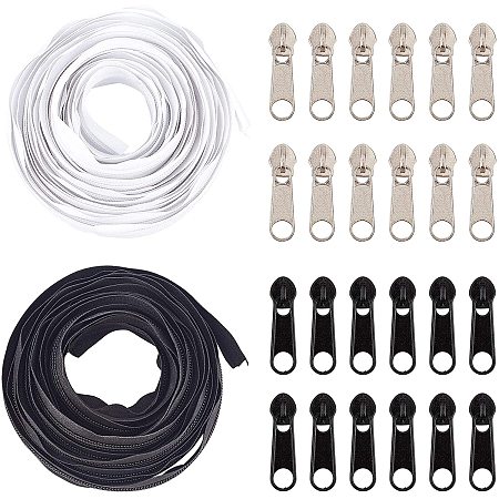 BENECREAT 2 Rolls 11 Yards #5 White and Black Nylon Zippers with 40pcs Ring Sliders for DIY Sewing Tailor Crafts Bags Tents, 30mm Wide (5.5 Yard Per Roll)