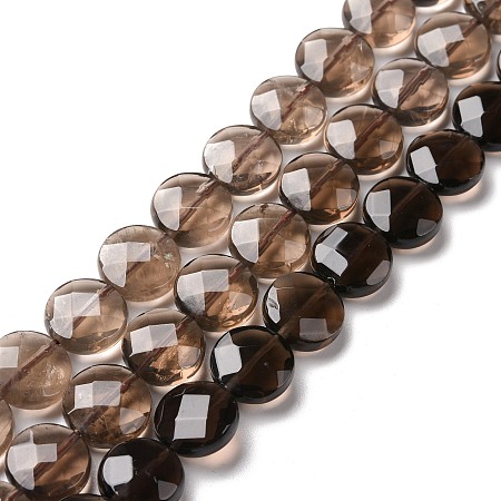 Natural Smoky Quartz Beads Strands, Flat Round, Faceted, 12x5mm, Hole: 1mm, about 33pcs/strand, 15.75 inch(40cm)