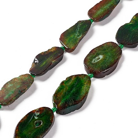 Natural Agate Beads Strands, Dyed, Nuggets, Green, 26.5~47x23~28x5~6mm, Hole: 2.5mm, about 10~14pcs/strand, 15.75~17.32 inch(40~44cm)