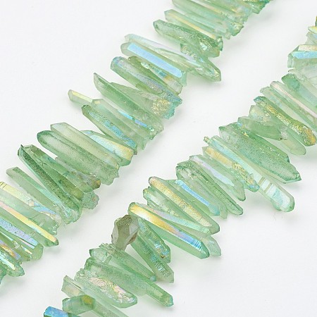 NBEADS Electroplated Natural Quartz Bead Strands, Dyed, Chips, LightGreen, 11.5~32x2~6mm, Hole: 1mm; about 58~63pcs/strand, 7.8