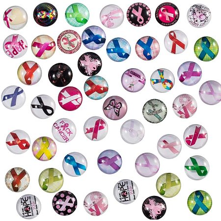 PH PandaHall 140pcs 70 Styles Pink Awareness Ribbon Glass Cabochons 12mm Half Round Dome Cabochons Silk Ribbon Mosaic Printed Picture Tile for Necklace Jewelry Making
