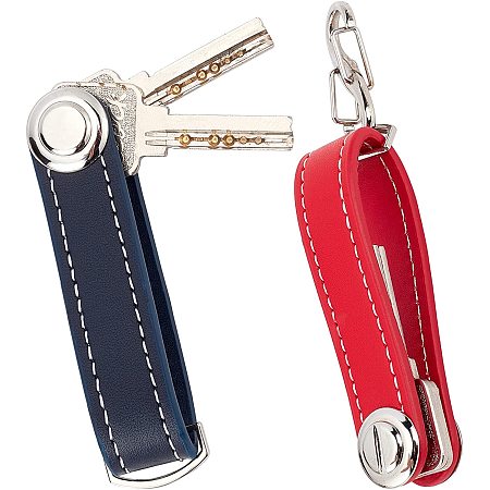 GORGECRAFT 2PCS Leather Key Organizer Keychain Compact Key Holder Folding Pocket Key Holder up to 16 Keys for Mens with Stainless Steel Multi-Tool（Blue,red
