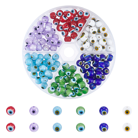 Nbeads 144Pcs 6 Colors Handmade Evil Eye Lampwork Round Bead, Mixed Color, 8mm, Hole: 1mm, 24pcs/color